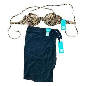 Sports Illustrated Leopard Print Bikini Top & Black Mesh Sarong Set Size L NWT